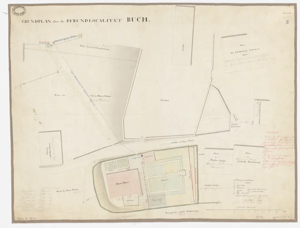 Buch am Irchel: Pfrundlokalität, Pfarrhaus und Umgebung mit Wasserleitungen und Brunnen; Grundriss