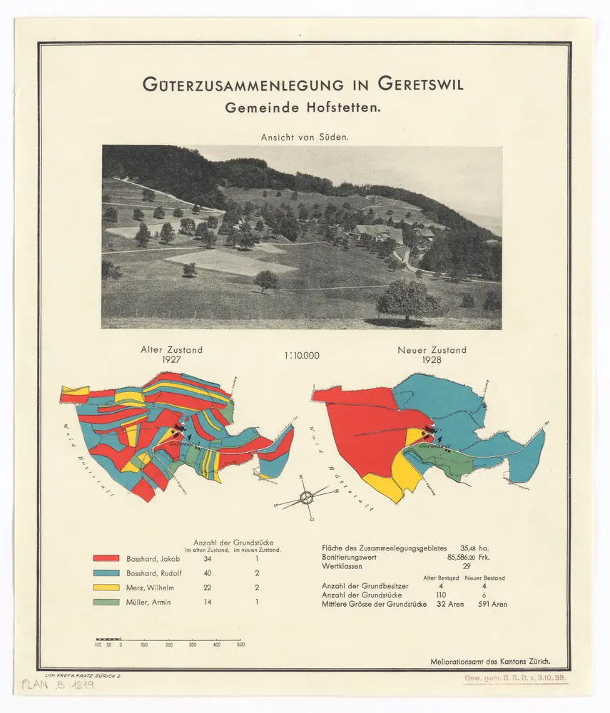 Hofstetten: Güterzusammenlegung in Geretswil, alter Zustand 1927 und neuer Zustand 1928; Ansicht und Grundrisse