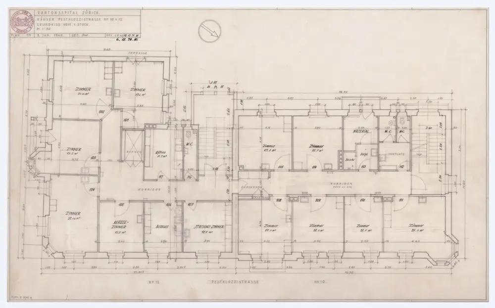 Liegenschaft Pestalozzistrasse 10 und 12, Aussenstation des Kantonsspitals: Grundrisse: 1. Stock; Grundriss