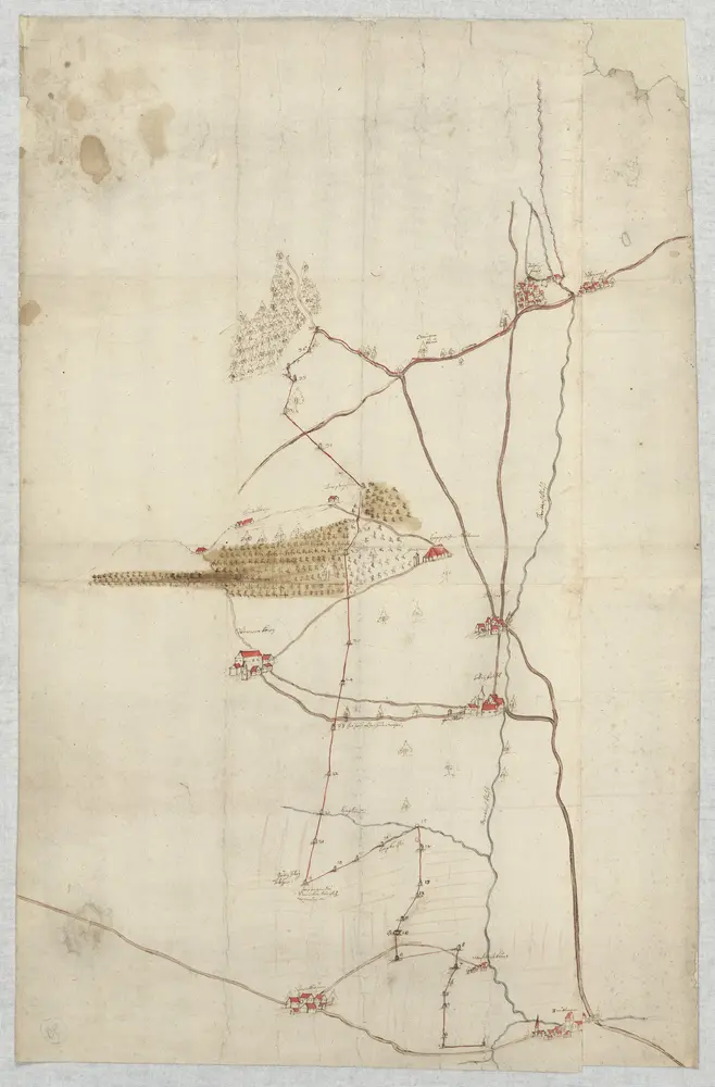 HZAN GA 100_Nr. 40_ : BretzfeldUmgebung, Handskizze[4 cm = 1 km]; Norden unten;Kartenrand: Scheppach-Adolzfurt; Bretzfeld-Bitzfeld-Langenbeutingen; Weißlensburg-Schwöllbronn; Verrrenberg-Lindelberg;Papier; Federzeichnung; Siedlungen in Wasserfarben (39 x 60 cm).