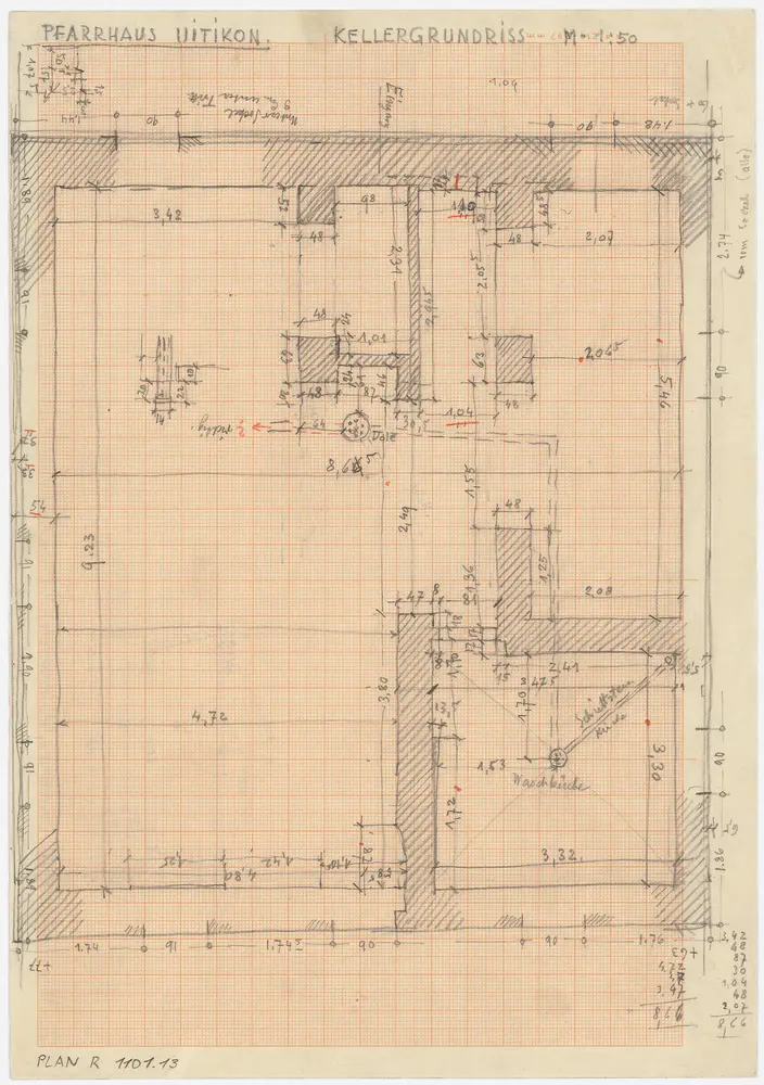 Uitikon: Pfarrhaus und Pfarrgarten mit Einfriedung: Keller und Kellerfenster; Grundrisse (Nr. 12)