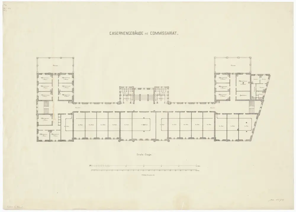 Projektierte Kaserne: 1. und 2. Stock; Grundrisse: 1. Stock; Grundriss