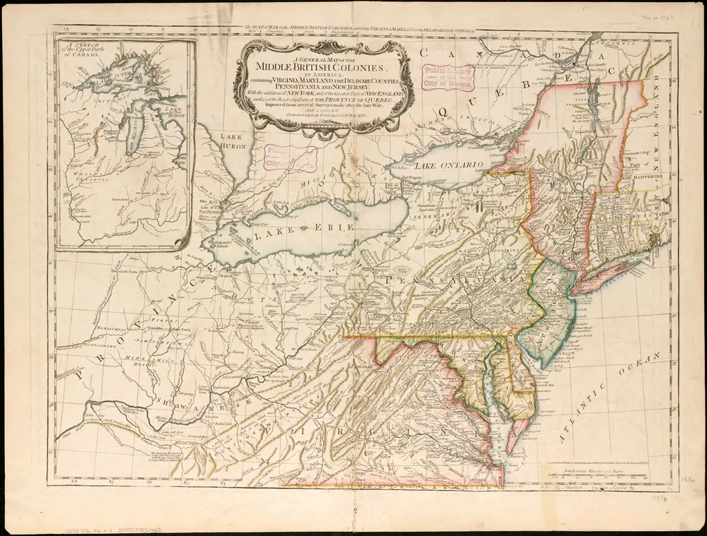 A general map of the middle British colonies, in America, containing Virginia, Maryland, the Delaware counties, Pennsylvania and New Jersey : with the addition of New York, and the greatest part of New England, as also of the bordering parts ...