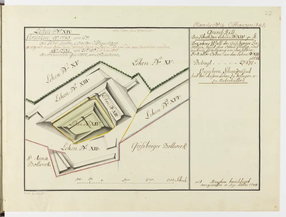 Zürich: Dem Spital Zürich gehörende Lehen in den Fortifikationswerken; Ansichten, Grundrisse und Schnitte: Schanzenlehen Nr. 14 Grosse Stadt, zwischen St. Anna-Bollwerk und Geissberger-Bollwerk; Grundriss