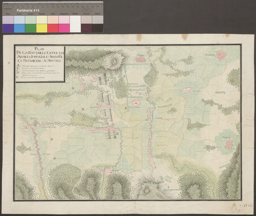 HZAN GA 100_Nr. 742_ : Striegau; "Plan de la Bataille entre des Armées imperials Saxonnes et Prussiennes";ohne Verfasser;ohne Maßstab;47,5 x 38,5 cm;Kartenrand: Ossenbach - Klein- und Großrossen - Kohlhöh; Großvatersdorf-Bolckenhayn-Würgsdorf; Niederbaumgarten-Quolsdorf; Heyder-Stanowitz-Zedlitz;Papier; Federzeichnung mit Schraffen; Siedlungen im Grundriß; Wälder, Fluren und Gewässer in Wasserfarben.