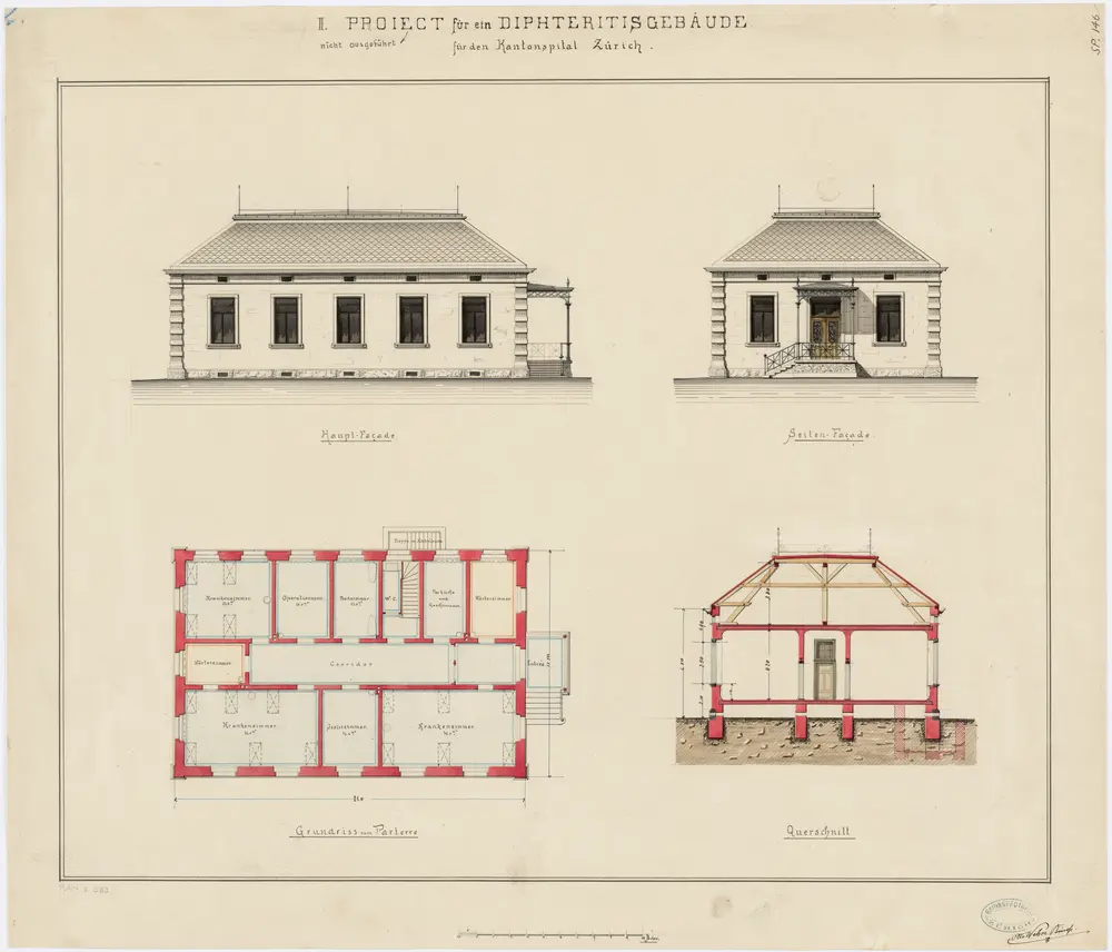 Fluntern: Kantonsspital, Diphtherie-Gebäude, 2. Projekt; Ansichten, Grundriss und Querschnitt.