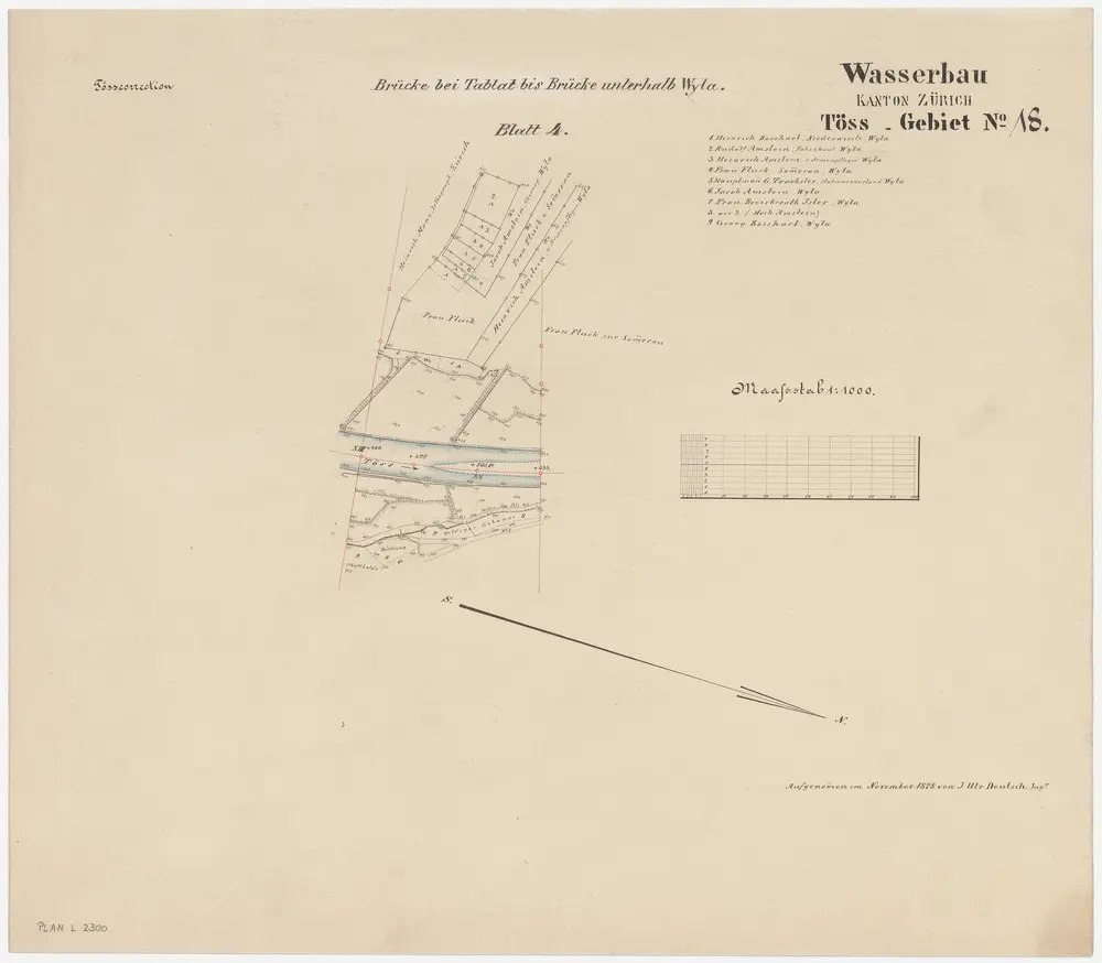 Wila: Oberhalb der hölzernen Brücke, Tösskorrektion; Situationsplan (Töss-Gebiet Nr. 18, Blatt 4)