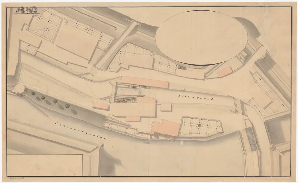 Enge: Sihlkanal vom Wasserturm bis zur Brücke über den Schanzengraben, mit Mühle Vögeli; Situationsplan