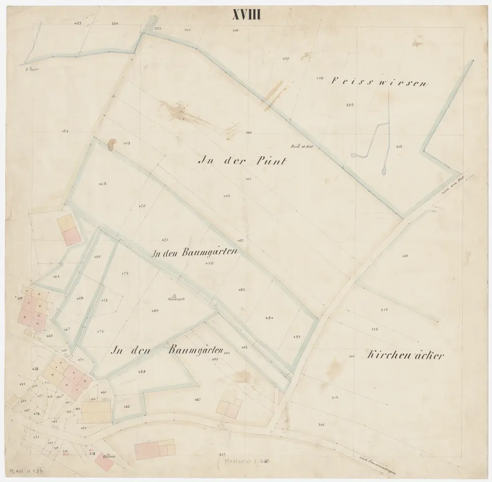 Oerlikon: Gemeinde; Kataster-Ergänzungspläne: Blatt XVIII: Feisswiesen, In der Pünt, In den Baumgärten und Kirchenäcker; Situationsplan