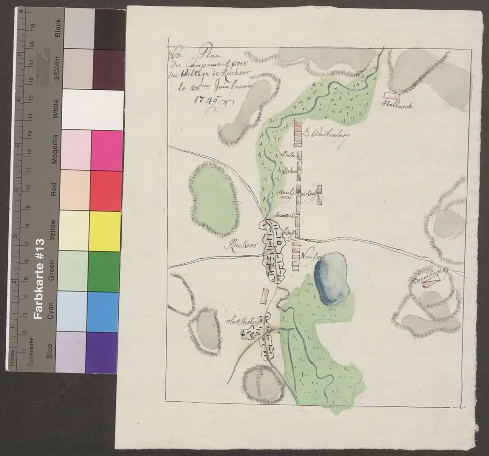 HZAN GA 100_Nr. 722_ : Rückers; "Plan du Campement près du Village de Rückers";ohne Verfasser;ohne Maßstab; 16,5 x 20 cm;Papier; Federzeichnung mit Schraffen; Siedlungen, Gewässer, Talauen und Wälder in Wasserfarben; Truppenstellungen.