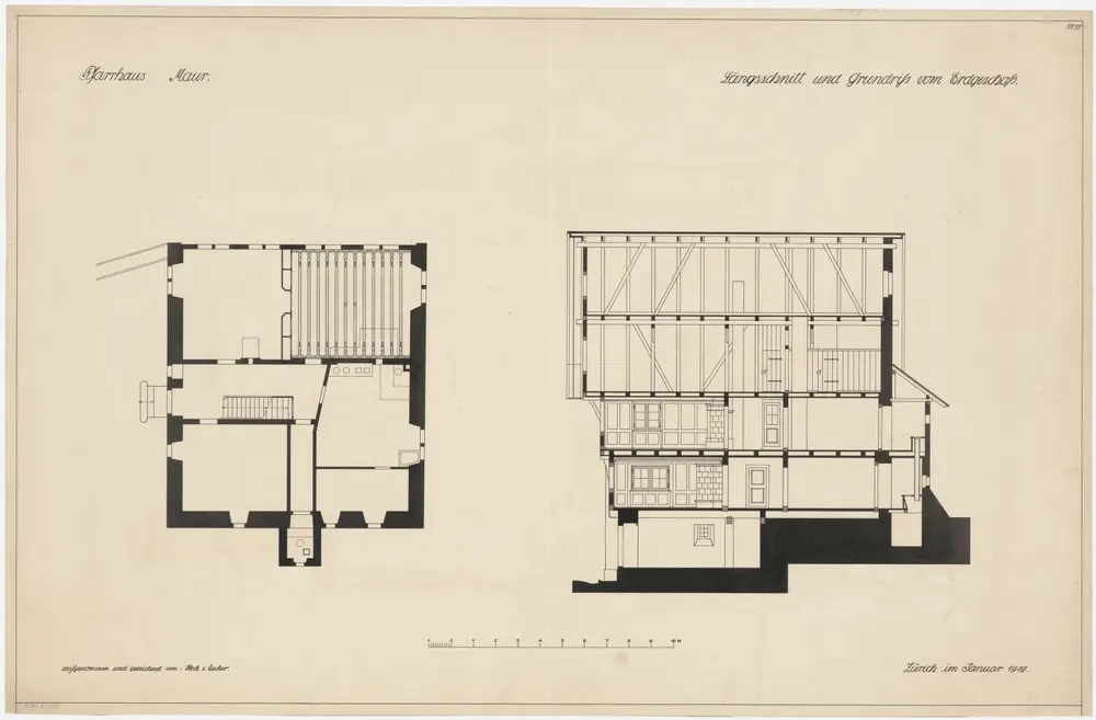 Maur: Pfarrhaus: Grundriss des Erdgeschosses und Längsschnitt (Nr. 11)