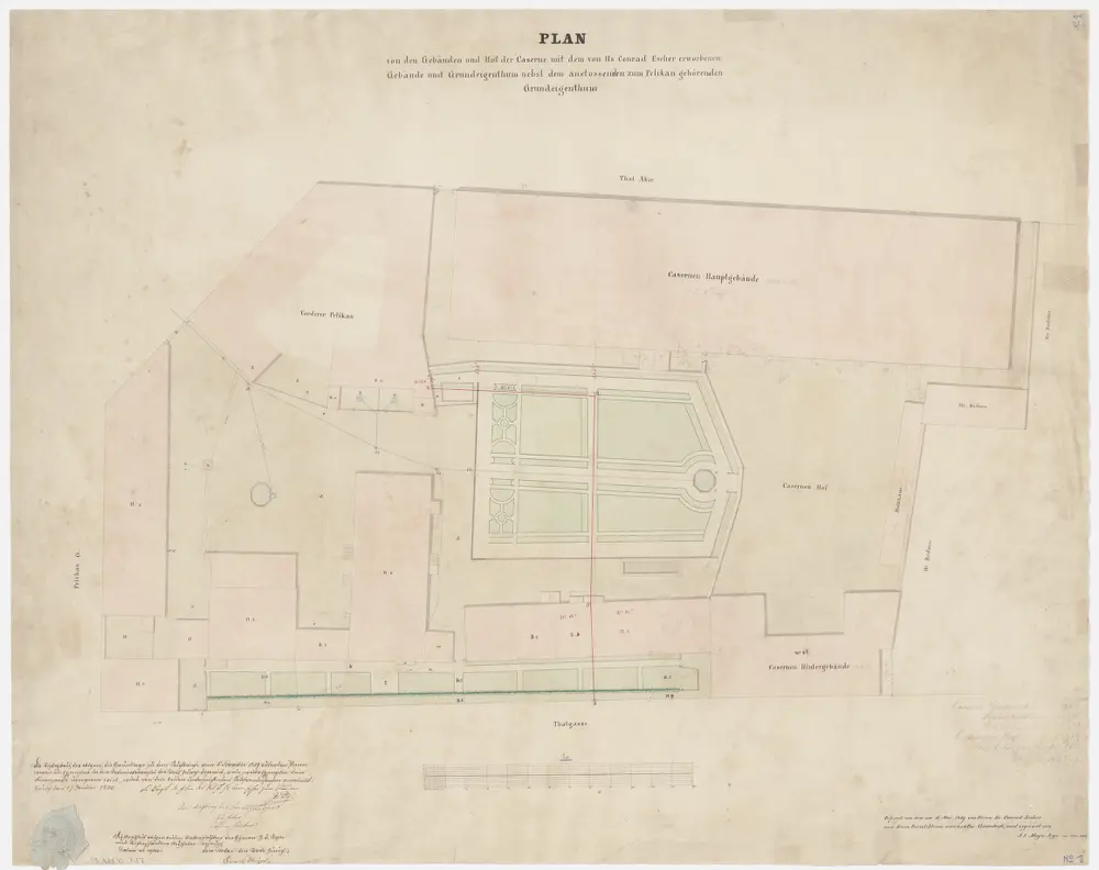 Zürich: Alte Kaserne, Gebäude und Hof mit dem von Hans Conrad Escher erworbenen Gebäude und Grundeigentum nebst dem anstossenden zum Pelikan gehörenden Grundeigentum; Grundriss (Nr. 1)
