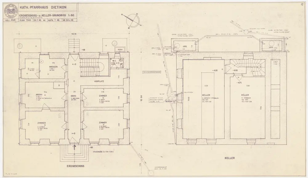 Dietikon: Pfarrhaus, Keller und Erdgeschoss mit Kanalisation; Grundrisse (Nr. 11)