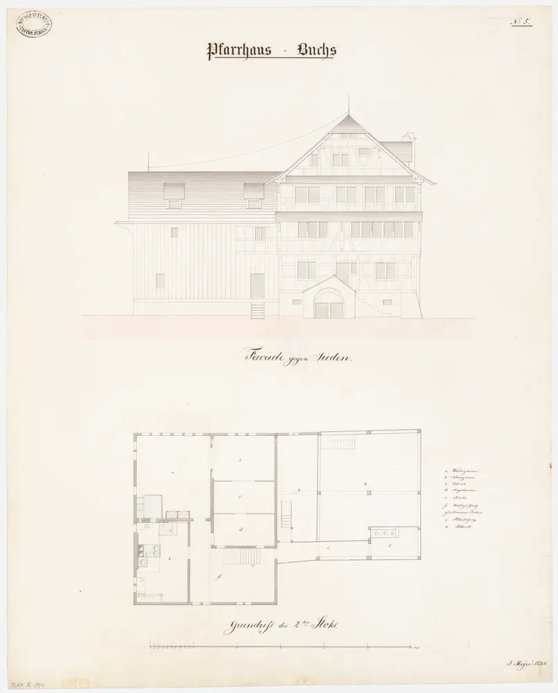 Buchs: Pfarrhaus; Südansicht und Grundriss des 2. Stocks (Nr. 5)