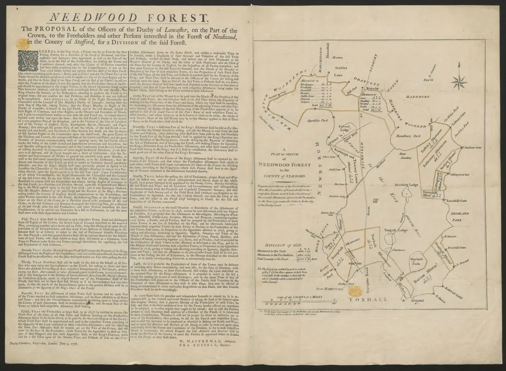 NEEDWOOD FOREST. The PROPOSAL of the Officers of the Duchy of Lancaster, on the Part of the Crown, to the Freeholders and other Persons interested in the Forest of Needwood, in the County of Stafford, for a DIVISION of the said Forest.