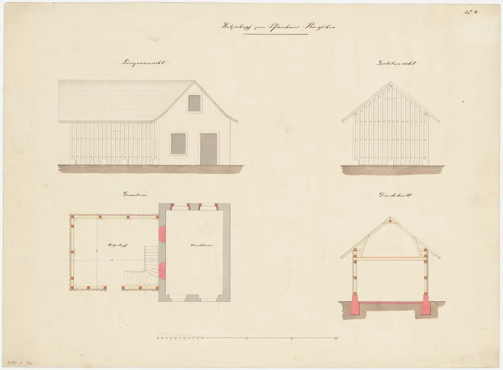 Russikon: Holzschuppen und Waschhaus; Grundriss, Ansichten und Querschnitt (Nr. 6)