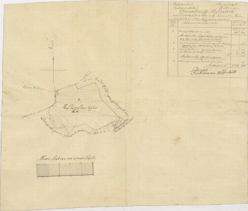 Záměrná mapa brouillon - zásobníku luk u Hradečku v Třeboni