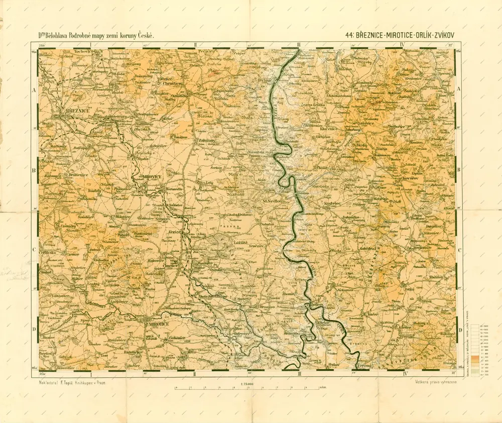 Podrobné mapy zemí Koruny české v měřítku 1:75.000 a mapa vzdáleností všech míst při silnici ležících - Březnice - Mirotice - Orlík - Zvíkov. Průvodce statisticko-historický po všech místech na těchto mapách uvedených a rejstřík věcný názvů hor, potoků, řek, rybníků atd. Sešit 43. List 44,