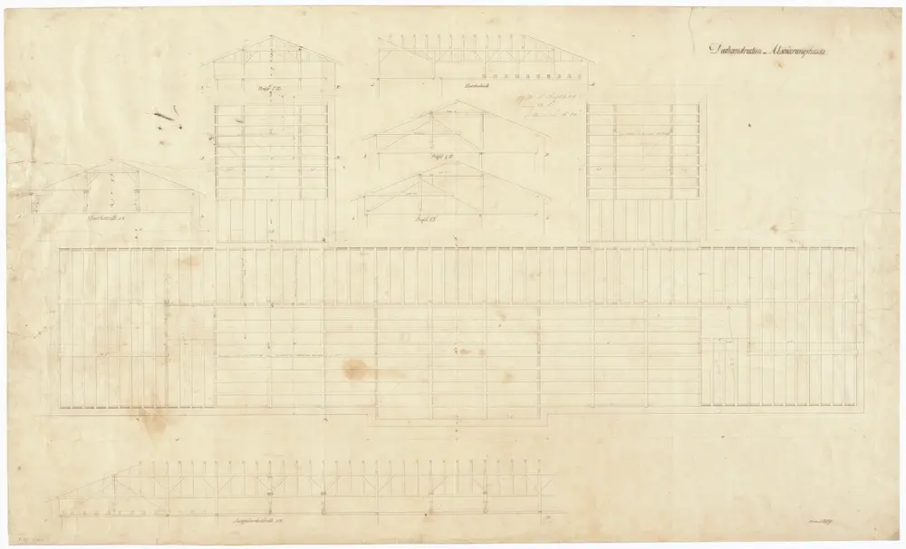 Kantonsspital Zürich, projektiertes Absonderungshaus, Oberstrass: Dachkonstruktion; Grundriss und Schnitte