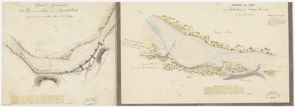 Zell, Kyburg, Seen: a) Beim Steinhäldeli in Au, projektierte Tösskorrektion; b) Vom Ankenberg bis zu den Seener Wiesen bei Au, projektierte Tösskorrektion; Situationspläne (Töss-Gebiet Nr. 4)