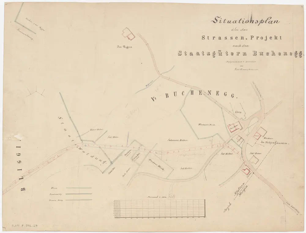 Stallikon, Adliswil, Aeugst am Albis, Langnau am Albis: Staatswaldung Buechenegg: Stallikon, Adliswil: Projektierte Strassen durch die Waldungen Bliggi, Rifen, Näfenhüser; Grundriss