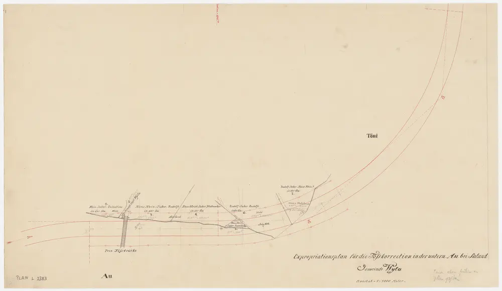 Wila, Wildberg: Bei Au oberhalb Tonni, Expropriationen der Tösskorrektion; Situationsplan (Töss-Gebiet Nr. 87 b)