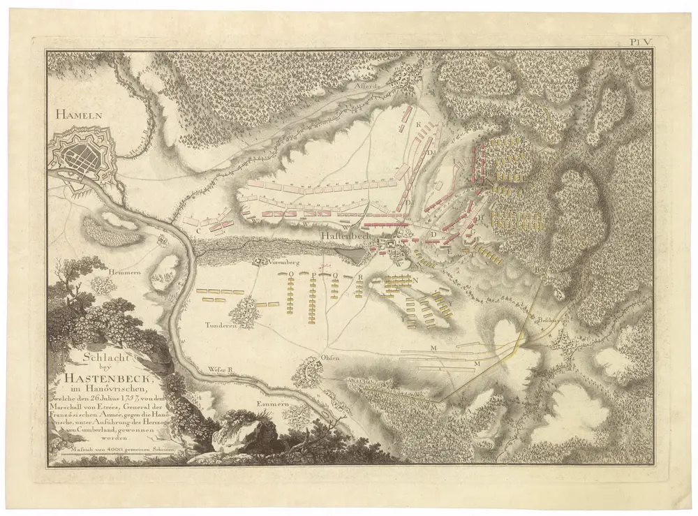 Schlacht bey Hastenbeck, im Hanoevrischen, welche den 26. Julius 1757, von dem Marschall von Etrées, General der franzoesischen Armée, gegen die Hanoevrische, unter Anführung des Hertzogs von Cumberland, gewonnen worden