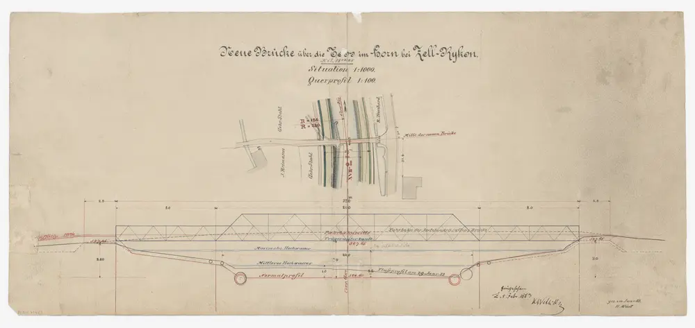 Zell: Eiserne Brücke über die Töss im Horn bei Rikon; Situationsplan und Längsschnitt