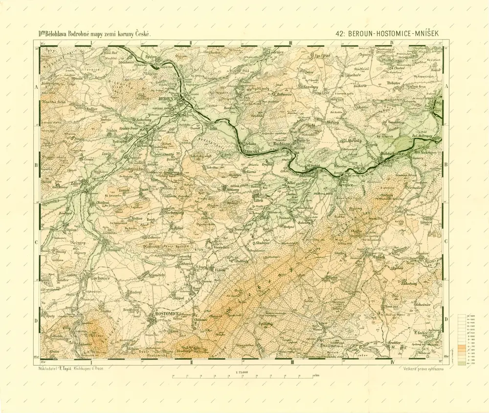 Podrobné mapy zemí Koruny české v měřítku 1:75.000 - Beroun - Hostomice - Mníšek. Průvodce statisticko-historický po všech místech na těchto mapách uvedených a rejstřík věcný názvů hor, potoků, řek, rybníků atd. a mapa vzdáleností všech míst při silnici ležících Sešit 2. List 42,