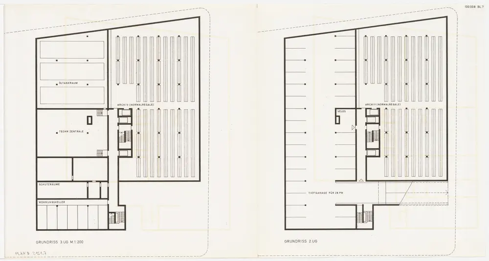 Staatsarchiv des Kantons Zürich, projektierter Neubau zwischen Zeltweg, Wettingerwies und Promenadengasse: Generelle Studie: 3. und 2. Untergeschoss; Grundrisse