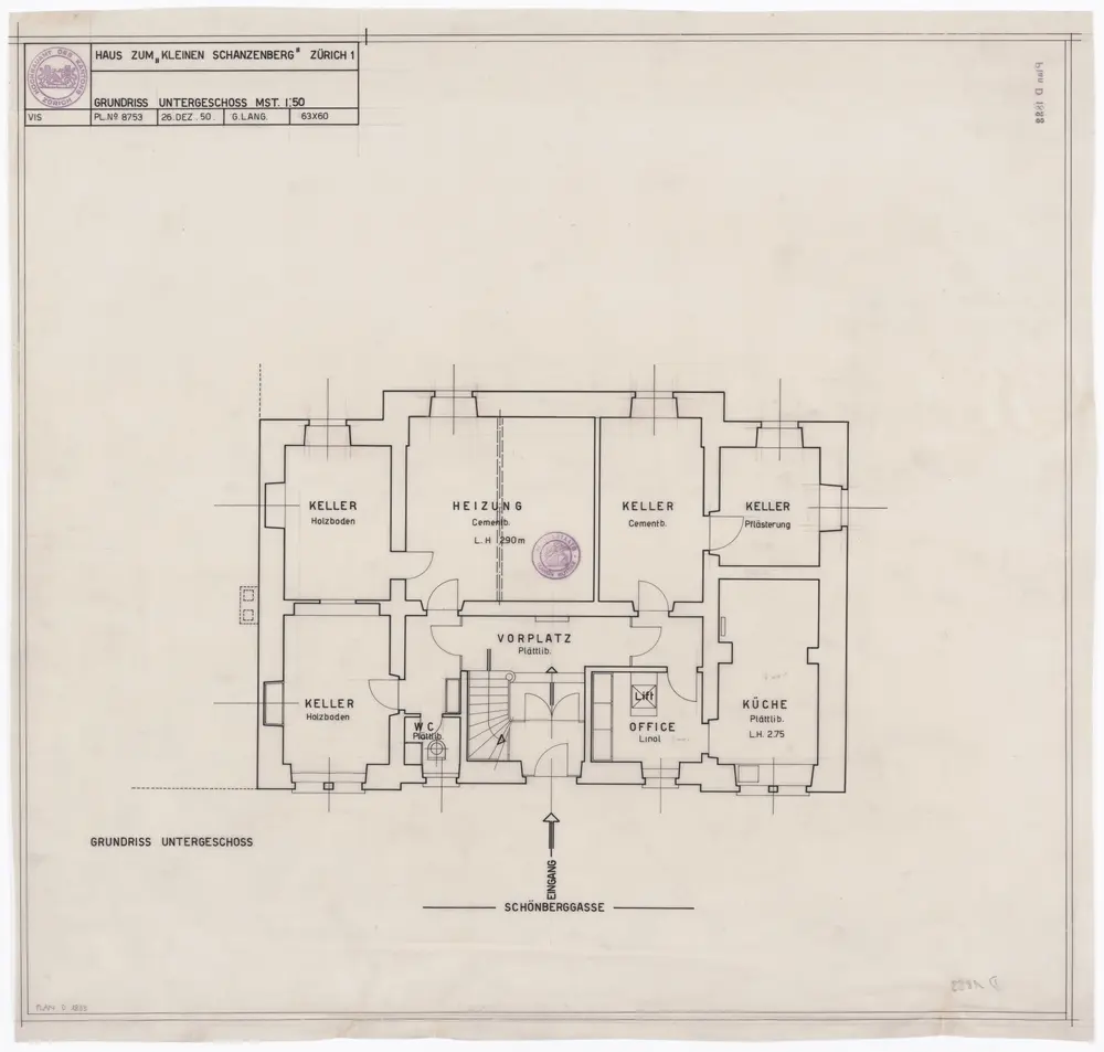 Haus zum Kleinen Schanzenberg, Schönberggasse 9: Untergeschoss; Grundriss