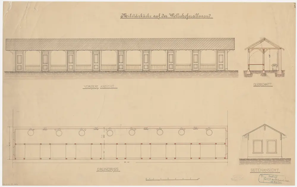 Wollishofen: Militärküche auf der Allmend; Ansichten, Grundriss und Querschnitt (Nr. 5)