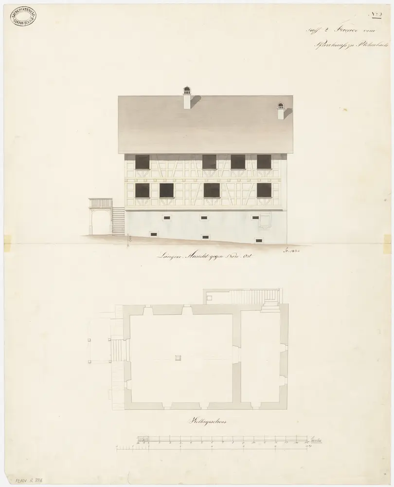 Rickenbach: Pfarrhaus; Nordostansicht und Grundriss des Kellers (Nr. 3)