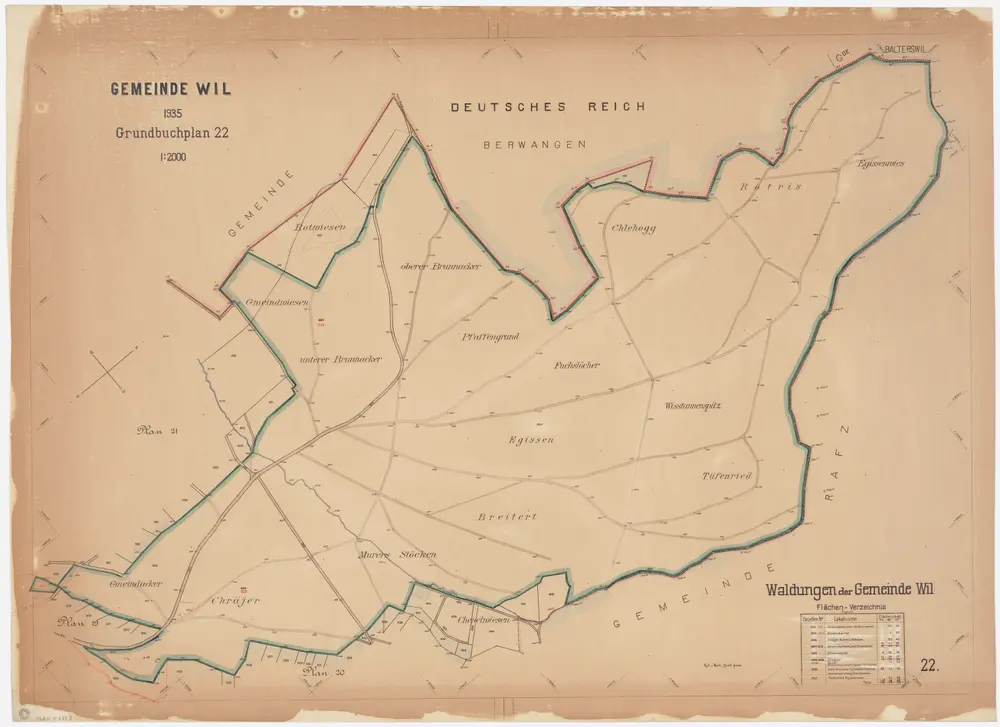 Wil: Gemeinde-, Genossenschafts- und Privatwaldungen: Wil: Gemeindewaldungen Gmeiacker, Chräjer, Murers Stöcken, Egissen, Rotriss (Rotris), Fuchslöcher, Tüfenriet, Pfaffengrund, Breitert, Bronnacker (Brunnacker), Gmeiwis (Gemeindewiesen), Chleehoogg, Wistannenspitz; Grundriss