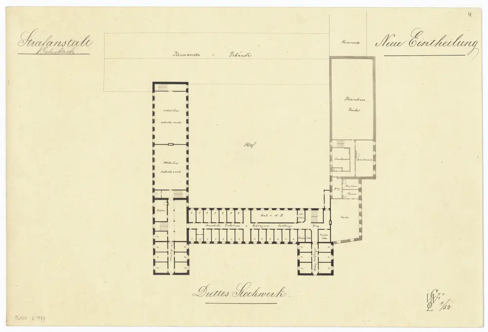 Kantonale Strafanstalt Oetenbach: Projekt einer Neueinteilung; 3. Stock; Grundriss