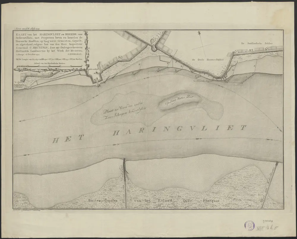 Kaart van het Haringvliet en rheede voor Hellevoetsluis, met projecten boven en beneden de Hoornsche Hoofden