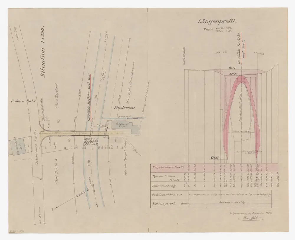 Fischenthal: Projektierte gewölbte Betonbrücke über die Töss bei Finsternau; Situationsplan und Längsprofil