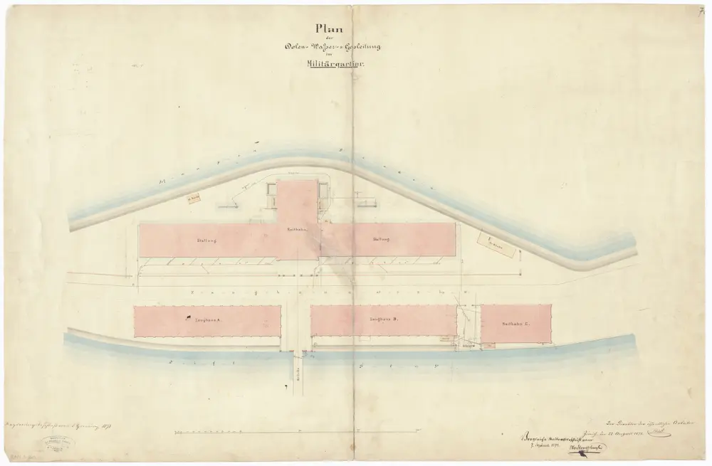 Projektierte Kaserne, Pferdestallungen, Reitbahn und Zeughäuser: Wasser- und Gasleitungen; Grundriss