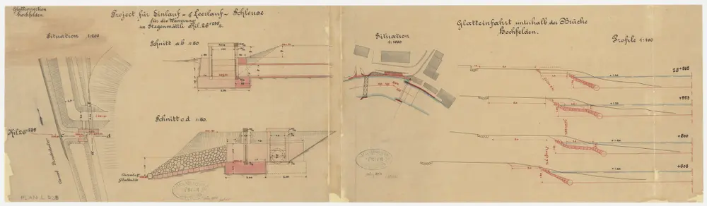 Hochfelden: a) Wässerung im Stägenmätteli, projektierte Ein- und Leerlaufschleuse; Situationsplan und Schnitt; b) Glatteinfahrt unterhalb der Brücke in Hochfelden; Situationsplan und Schnitt
