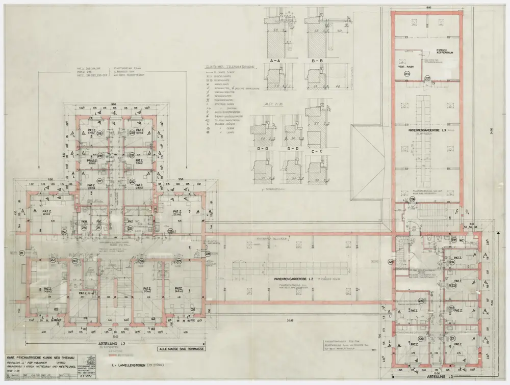 Psychiatrische Klinik Neu-Rheinau: Männergebäude L, Umbau; Grundrisse und Schnitte: Mittelbau und Westflügel, 1. Stock; Grundriss und Schnitte