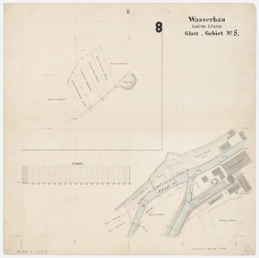 Rümlang bis Bülach: Glatt von der Mühle in Rümlang bis zum Zieglenwehr in Bülach; Grundrisse (Glatt-Gebiet Nr. 8): Blatt X: Glatt bei der Spinnerei in Bülach; Grundriss (Glatt-Gebiet Nr. 8)