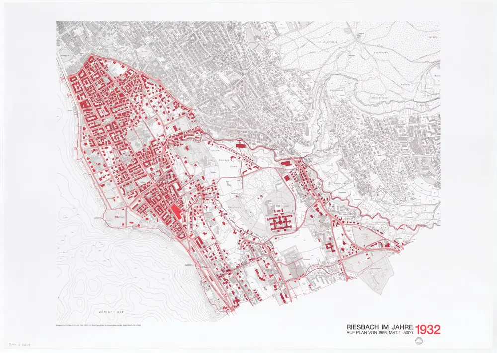 Historische Bauzustände der Zürcher Aussenquartiere in 48 Blättern: Riesbach im Jahre 1932 auf einem Plan von 1986; Übersichtsplan