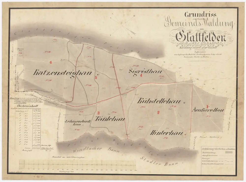 Glattfelden: Gemeindewaldung: Üsserhau (Äusserer Hau), Hinterhau, Chüestellihau (Kühstellehau), Sigristenhau, Lenibuck (Lehmenbuckhau), Chatzenstig (Katzensteighau), Franzenhau; Grundriss