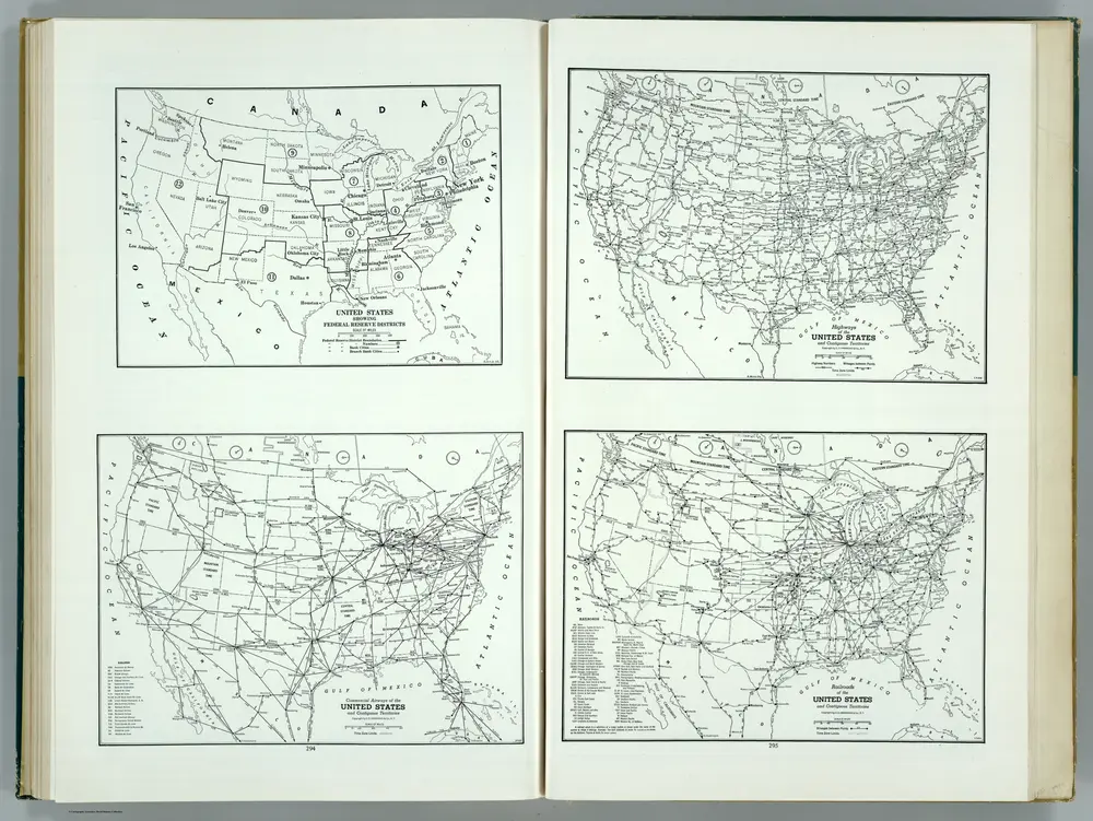 United States and Contiguous Territories: Federal Reserve Districts, Commercial Airways, Highways, and Railroads.