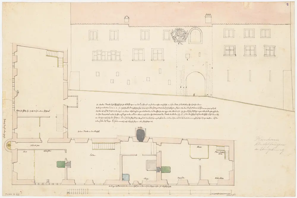 Andelfingen: Pfarrhaus vor dem Um- bzw. Neubau; Ansicht der Hauptfassade und Grundriss des 1. Stocks (Nr. 1)