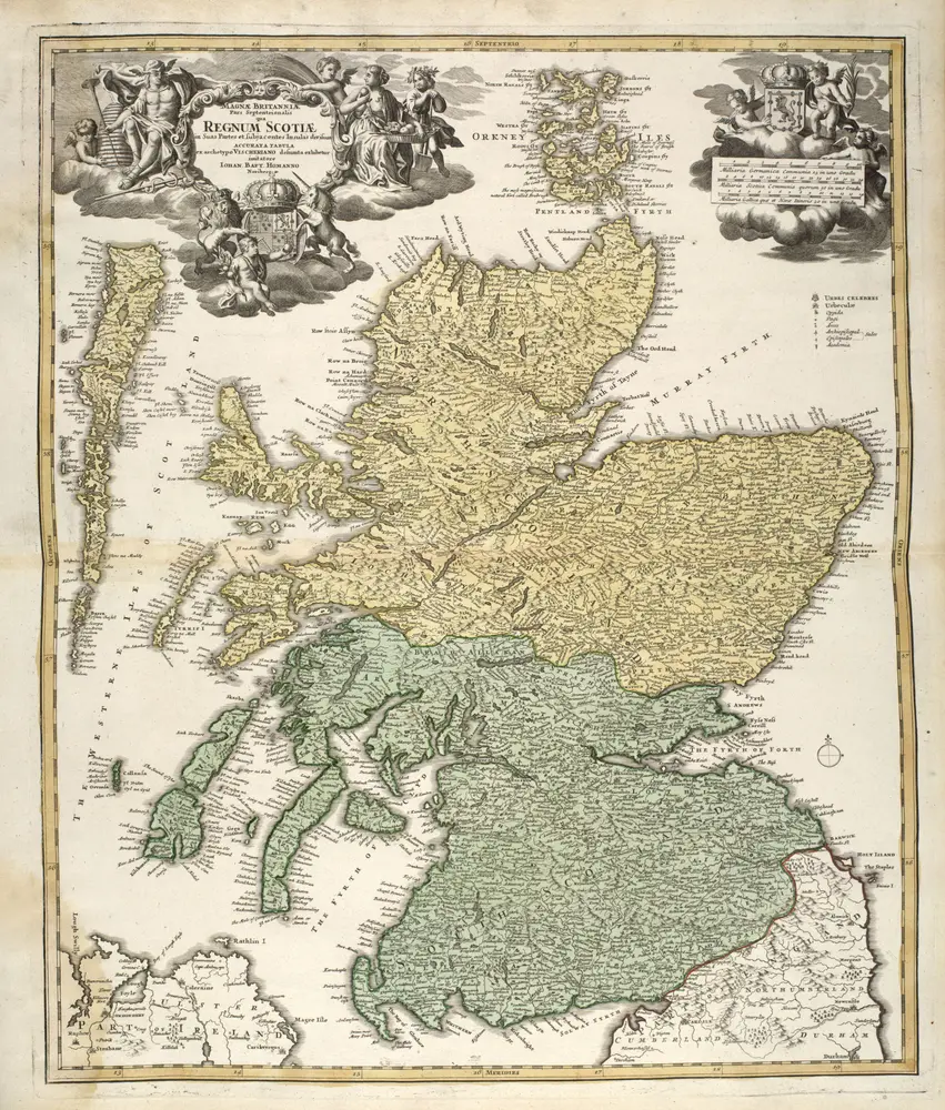 Magnae Britannia : pars septentrionalis qua regnum Scotiae in suas partes et subja centes insulas divisum / Accurata tabula ex archetypo Vischeriano desumta exhibetur imatatore Iohan. Bapt. Homanno, N