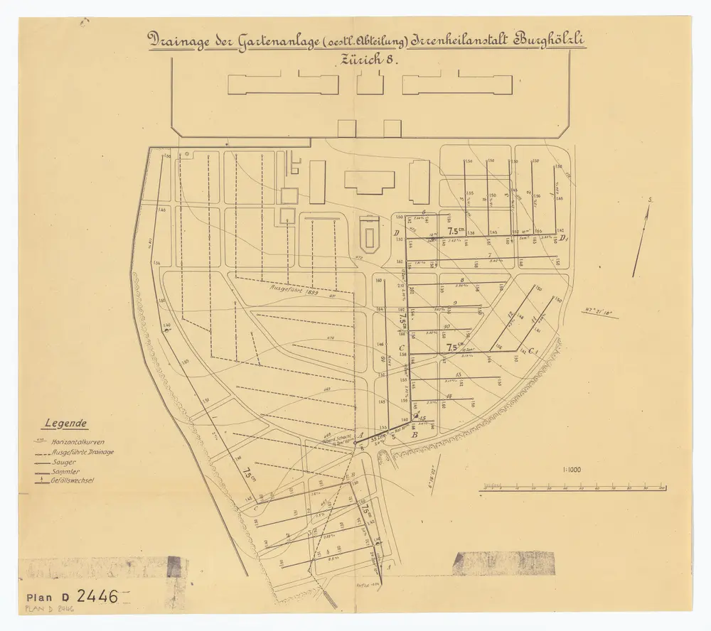 Heilanstalt Burghölzli: Drainage der Gartenanlage (östliche Abteilung); Situationsplan