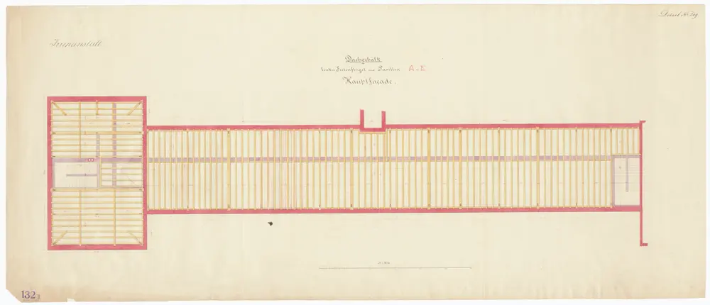 Irrenanstalt Burghölzli: Hauptfassade, linker Seitenflügel und Pavillon; Dachgebälk; Grundriss