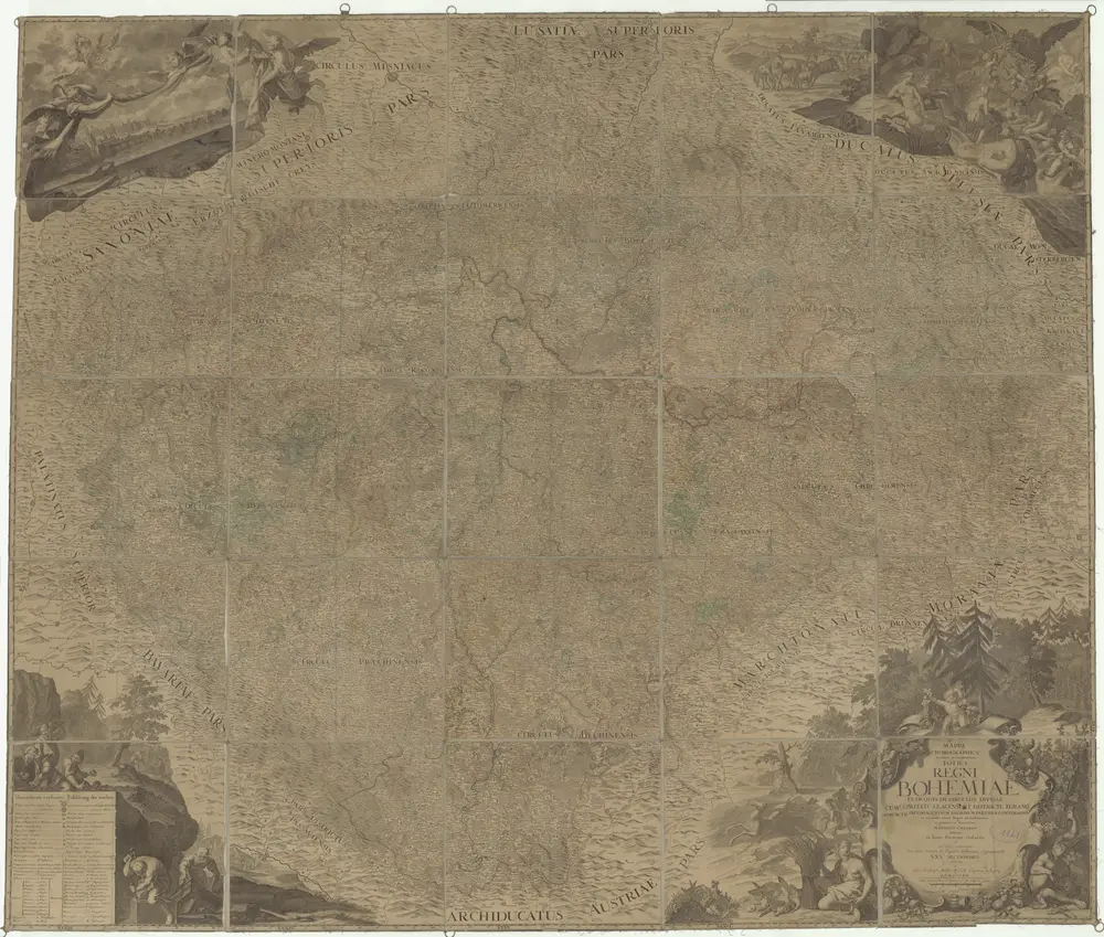 Mappa chorographica novissima et completissima totius regni Bohemiae in duodecim circulos divisae cum comitatu Glacensi et districtu Egerano adiunctis circumiacentium regionum partibus conterminis ex accurata totius regni perlustratione et geometrica dimensione mandato caesareo instituta in hanc formam redacta et ad usum commodum nec non omnia singula distinctius cognoscenda XXV. sectionibus exhibita