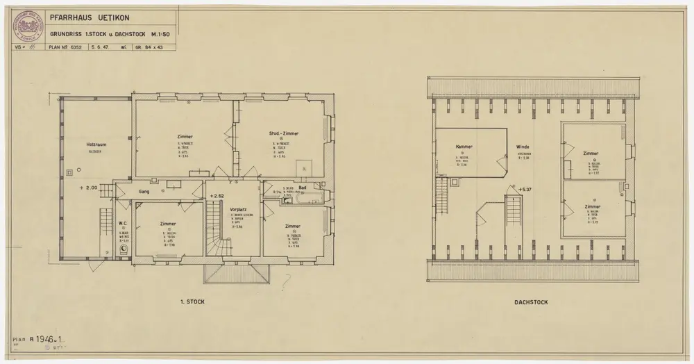 Uetikon am See: Pfarrhaus: 1. Stock und Dachgeschoss; Grundrisse